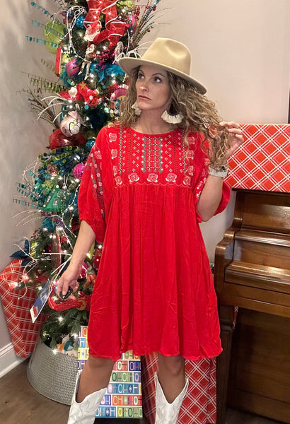 Boho Embroidered Red Dress