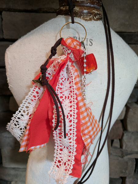 Handmade Orange and White Boho Recycled Sari Silk Necklace