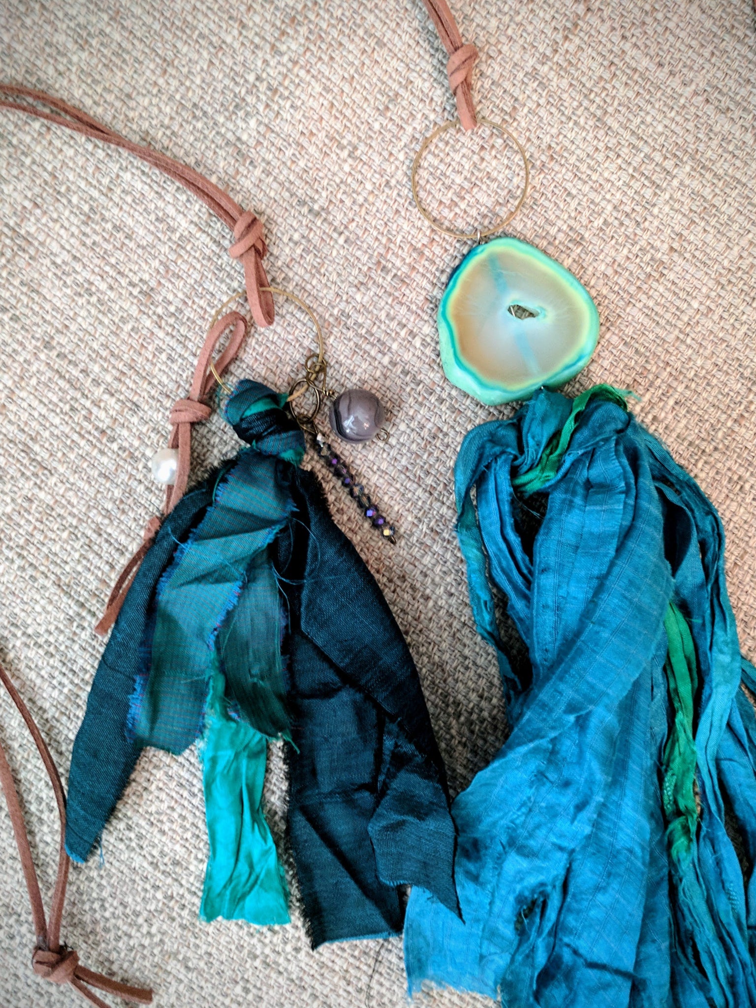 Handmade Turquoise Agate Stone Boho Recycled Sari Silk Necklace